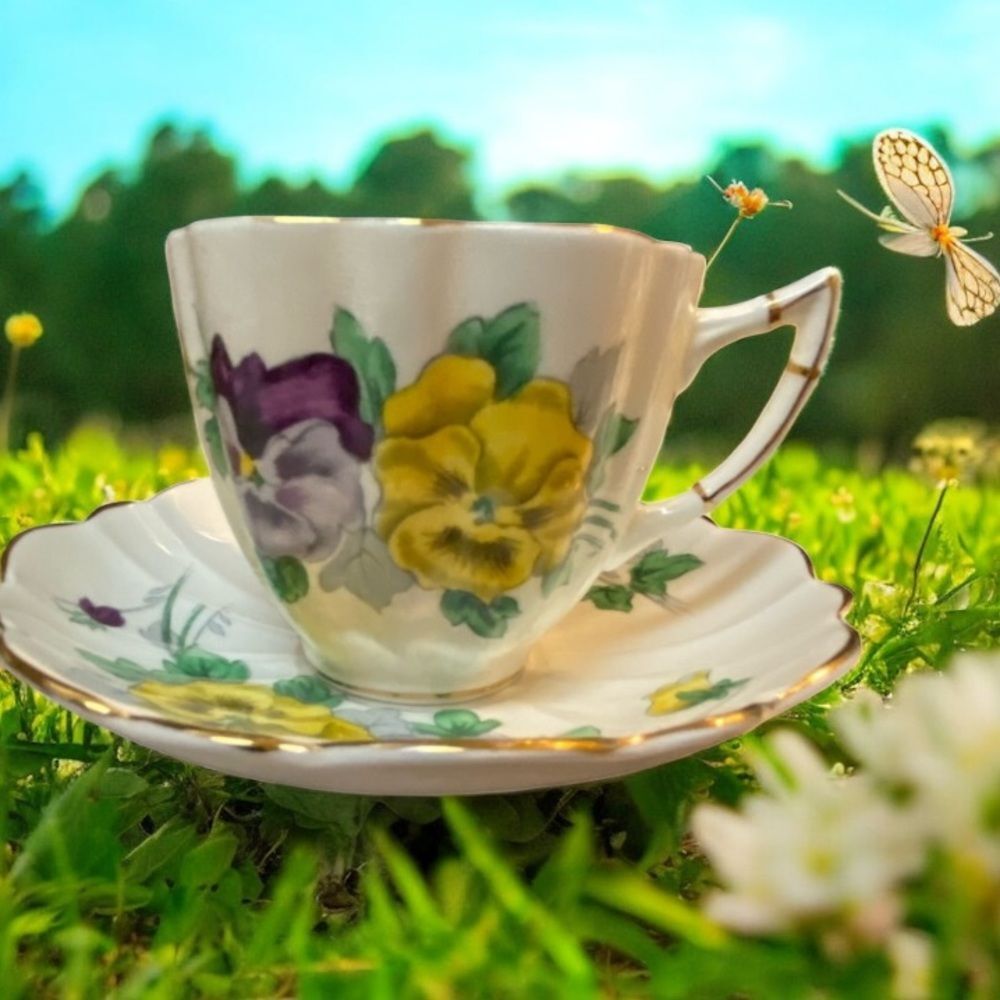 GH Victoria pansy tea & saucer hand painted scalloped edge yellow purple